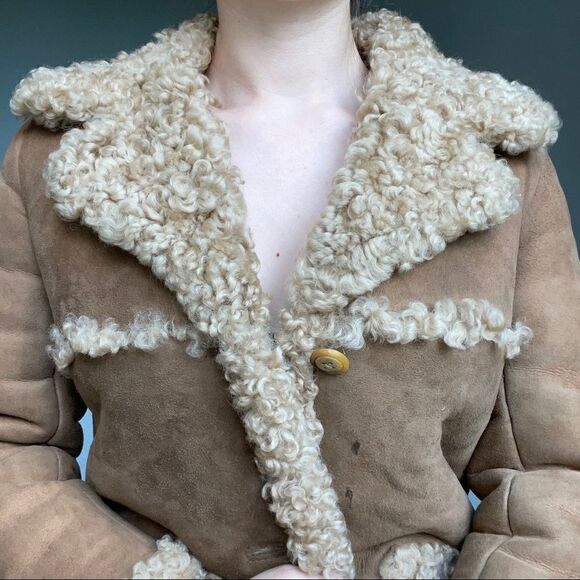 Vintage Womens Cottagecore Brown Tan Shearling Warm Winter Leather Jacket XS - Picture 6 of 10